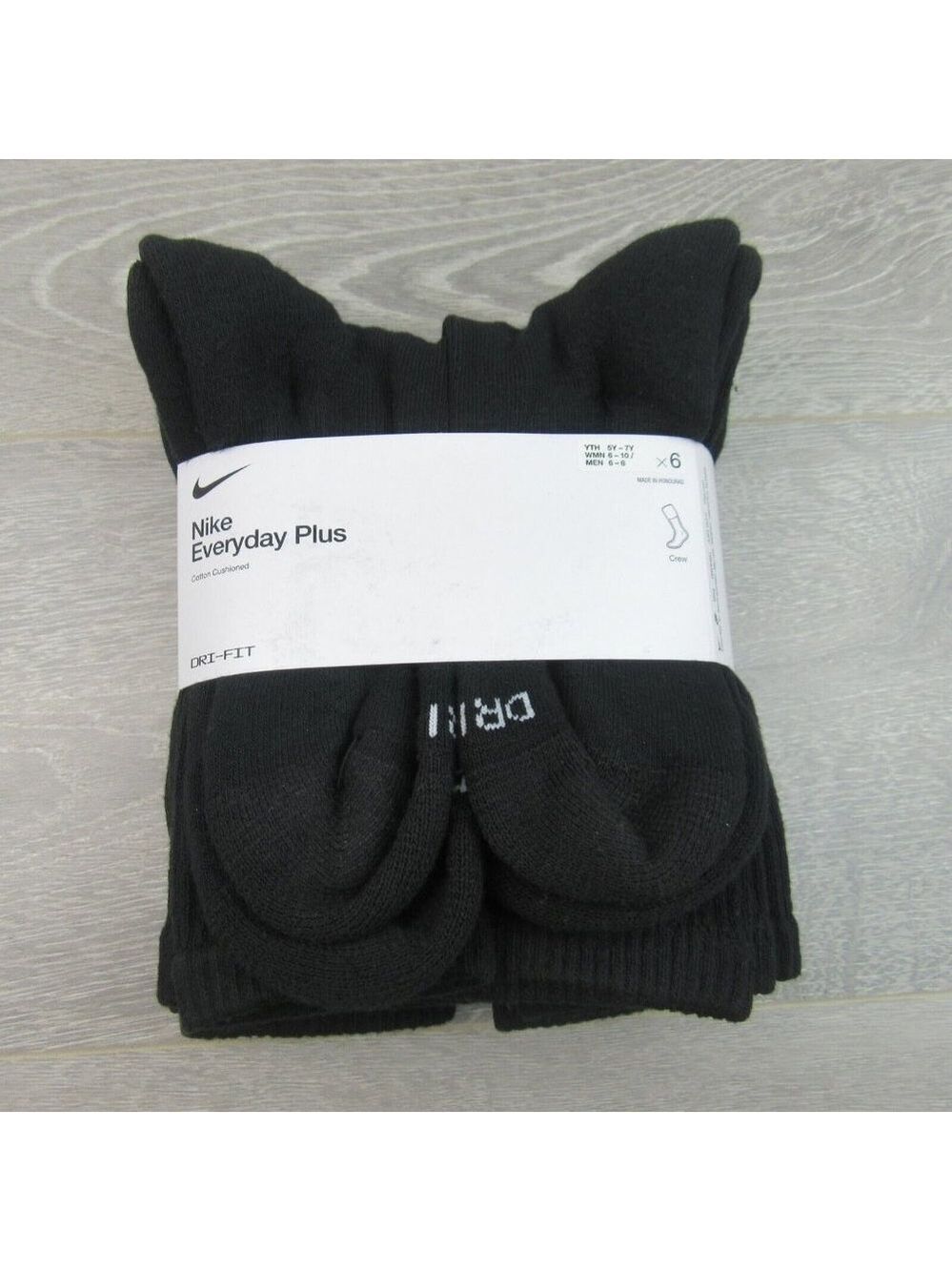 Nike Everyday Plus Dri-Fit Crew Socks Black 6 Pack Womens 6-10 / Youth 5Y-7Y NEW - Picture 2 of 8